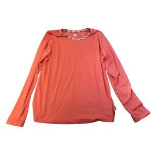 Lands End Womens Coral Long-Sleeve Top Shirt Medium Floral-Trim Neckline Casual
